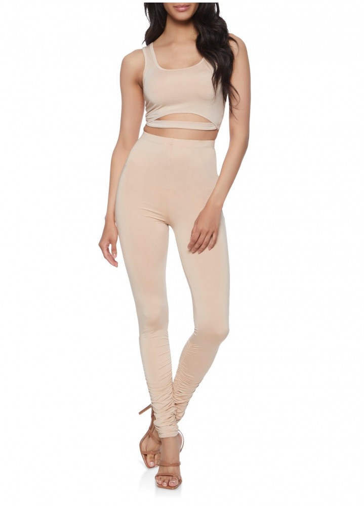 Cut Out Cropped Tank Top and Stacked Leggings - Nude