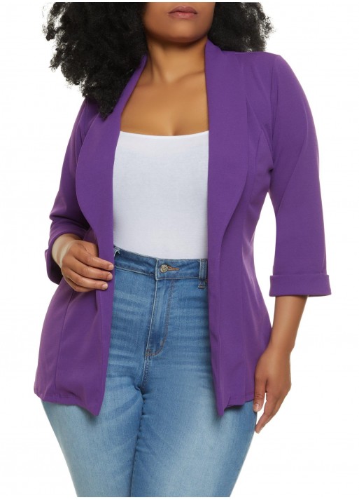 Plus Size Rolled Sleeve Crepe Knit Blazer - Purple
