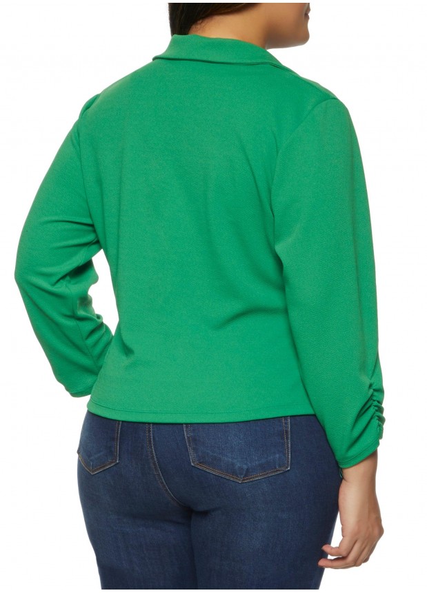 Plus Size Crepe Knit Ruched Sleeve Blazer - Kelly Green