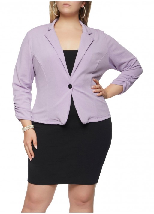 Plus Size Solid Ruched Sleeve Blazer - Lavender
